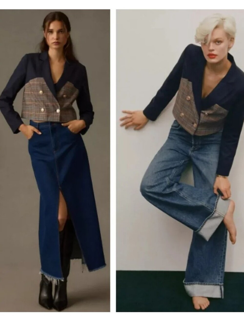 NWT Anthropologie DOLAN Corset Blazer Plaid Navy Blue & Brown Cropped Jacket